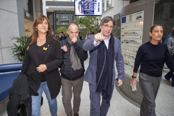 Laura Borràs, Jordi Turull, Carles Puigdemont y Miriam Nogueras, de la delegación de Junts, este mismo miércoles en Bruselas, 