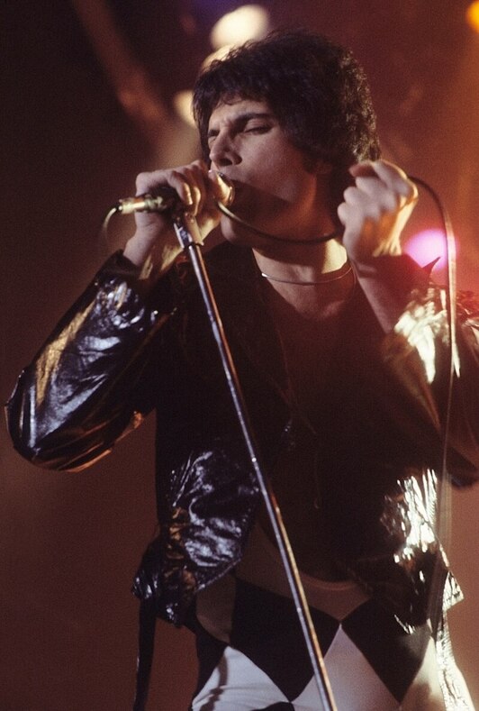 Freddie Mercury 1977ko irudi batean.
