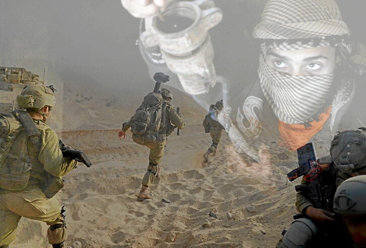 Imágenes superpuestas del avance de una columna israelí y de un palestino en la boca de un túnel.