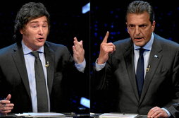 Combo de imágenes de Javier Milei y Jorge Massa durante el debate en la Facultad de Derecho de la Universidad de Buenos Aires.