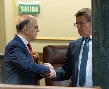El diputado de UNP Alberto Catalán estrecha la mano del presidente del PP, Alberto Núñez Feijóo, hoy en el Congreso de los Diputados.