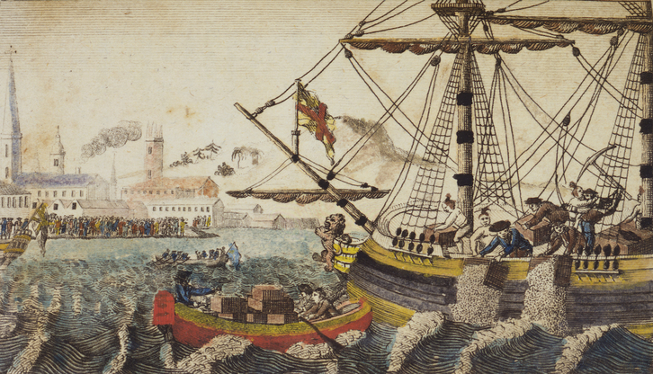 Bostonianos, algunos disfrazados de nativos, lanzando té al río en la protesta de hace dos siglos y medio, en un grabado de la época.