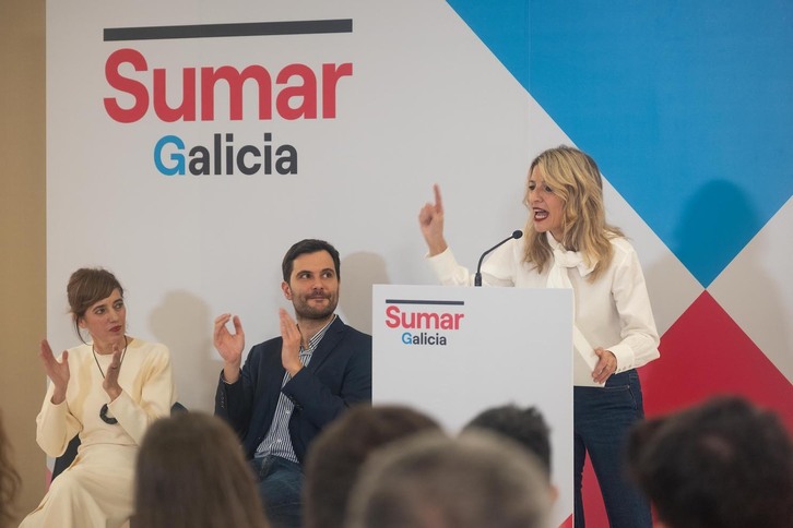 La líder de Sumar, Yolanda Díaz, interviene durante la presentación de la candidatura de Sumar Galicia para la Presidencia de la Xunta. La cabeza de lista será Marta Lois.