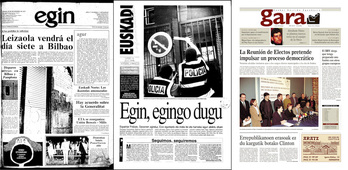 Primeras portadas de ‘Egin’, ‘Euskadi Información’ y GARA.