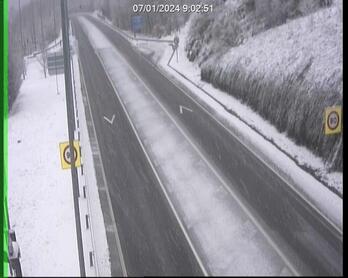 Vista de los accesos a los túneles de Belate, con nieve en los márgenes pero con la vía apta para circular con precaución, en una de las cámaras del Gobierno navarro.