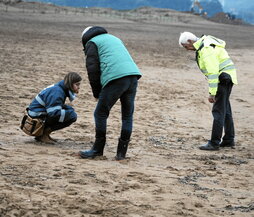 Voluntarios recogen pellets en la playa de La Arena, en Muskiz, el miércoles.