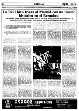 Página interior de «Egin», con la crónica de Tito Irazusta sobre el encuentro disputado en el Bernabéu entre la Real y el Real Madrid.