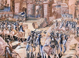 Recreación de época de una batalla del siglo XVI. Abajo, Hondarribia sigue contando con tramos amurallados.