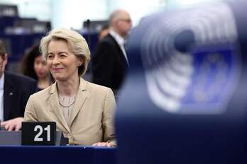Ursula Von der Leyen, durante el debate de hoy en el Parlamento Europeo.