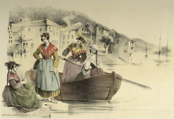 Bateleras en Pasaia, en un grabado de la época.
