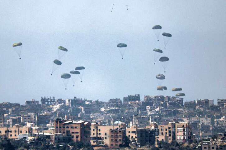 Lanzamiento de ayuda humanitaria desde el aire sobre Gaza.