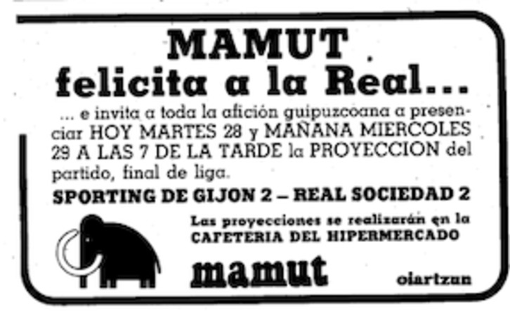Publicidad de Mamut anunciando para el martes la proyección del partido en el que la Real ganó la Liga el domingo.
