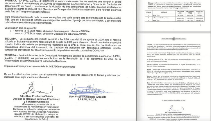 Imagen de dos contratos firmados por Ibon Etxeberria con la empresa La Pau.
