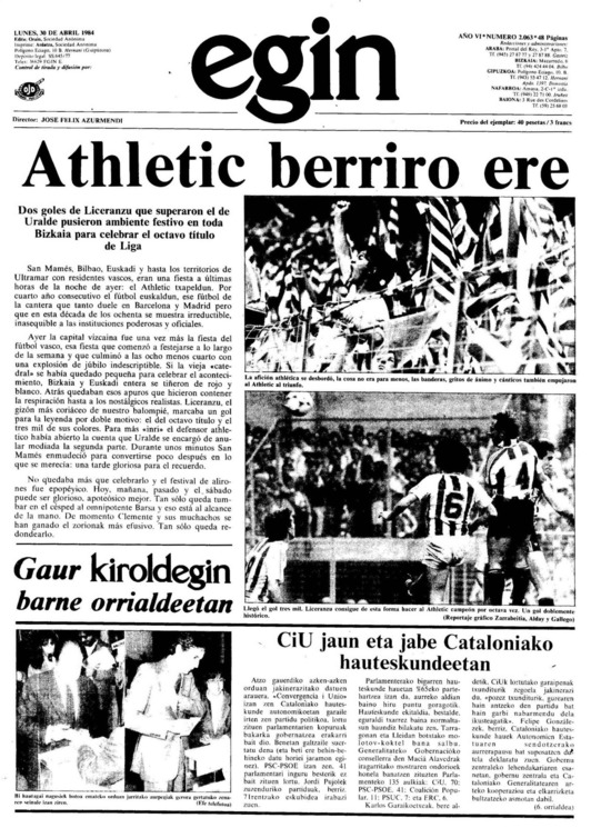 Portada de 'Egin' del 30 de abril de 1984 que da cuenta del octavo título del Athletic.