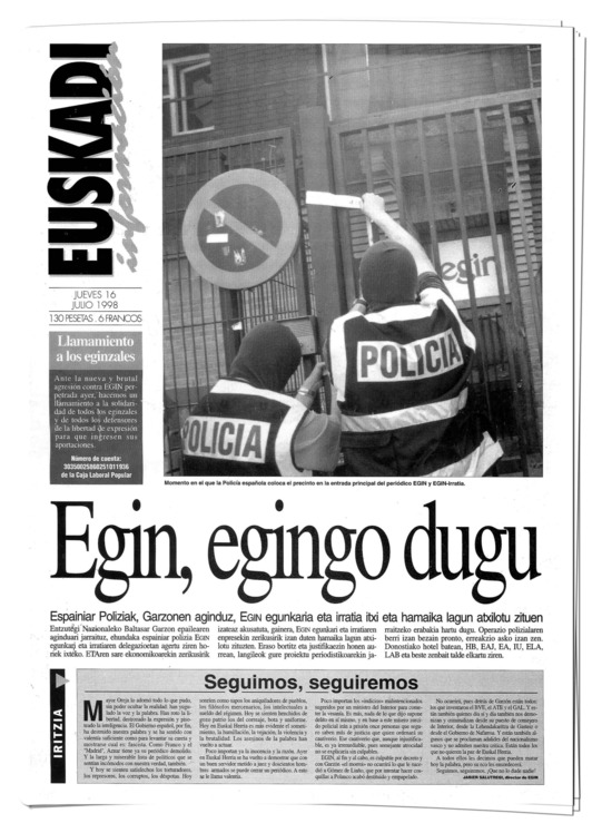 Primera portada de Euskadi Información
