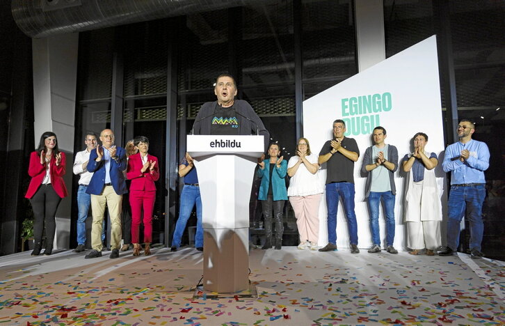 Arnaldo Otegi comparece para valorar los resultados electorales el 28 de mayo de 2023 en Donostia.