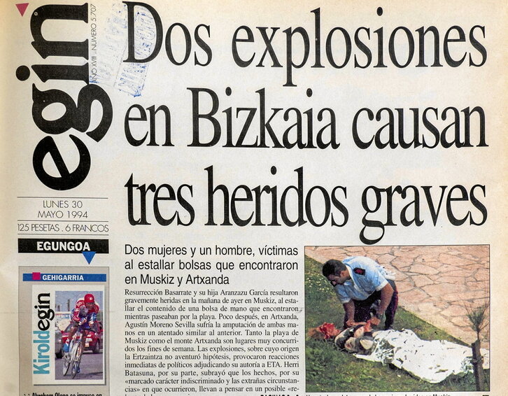 Recorte de la portada de «Egin» en la que se informa de las «extrañas» explosiones en Muskiz y Artxanda.