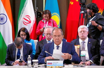 El ministro de Exteriores ruso, Serguei Lavrov, el 21 de mayo en Astana en una reunión de la Organización de Cooperación de Shangai.