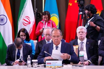 El ministro de Exteriores ruso, Serguei Lavrov, el 21 de mayo en Astana en una reunión de la Organización de Cooperación de Shangai.