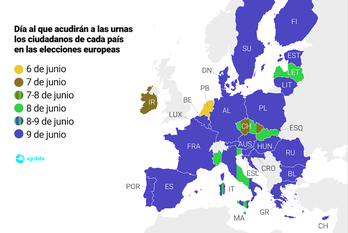 Mapa que representa cuándo acude la población de cada país en las urnas en las elecciones al Parlamento Europeo.