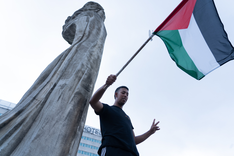 Un joven con una bandera palestina en Iruñea.