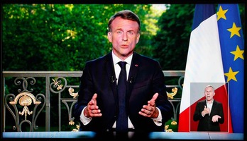 Emmanuel Macron, en su alocución televisada para convocar elecciones anticipadas. 