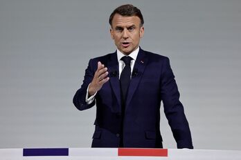 El presidente de la República francesa, Emmanuel Macron, en su comparecencia institucional.