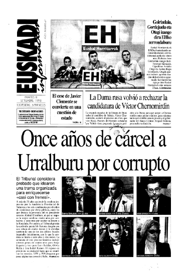 Portada de &lsquo;Euskadi Informaci&oacute;n&rsquo; con la sentencia del &laquo;caso Urralburu&raquo;.