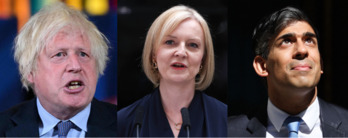 Boris Jonhson, Liz Truss y Rishi Sunak, los tres últimos primeros ministros antes de este 4 de julio.