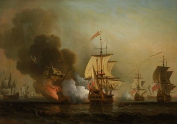 Momento del hundimiento del galeón San José tras ser atacado por buques británicos, en una ilustración de Samuel Scott. 