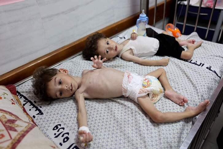  Los niños Uday y Mohammed Mahra, tratados por malnutrición en el hospital Kamal Adwan, en Beit Lahia.