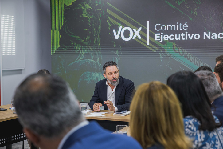 El líder de Vox, Santiago Abascal, durante la reunión del Comité Ejecutivo esta tarde.