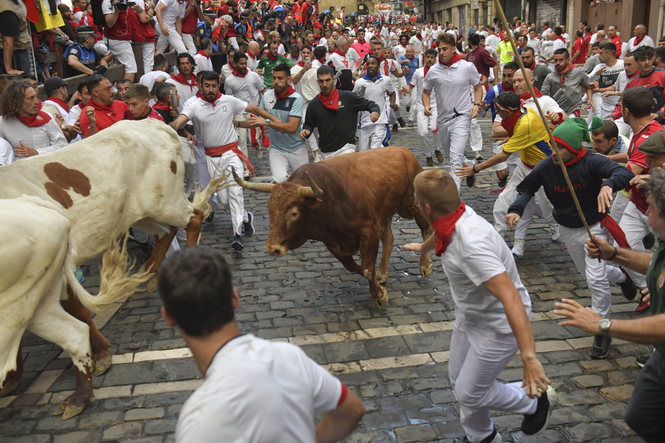 El toro colorado ha cerrado el grupo durante todo el encierro.