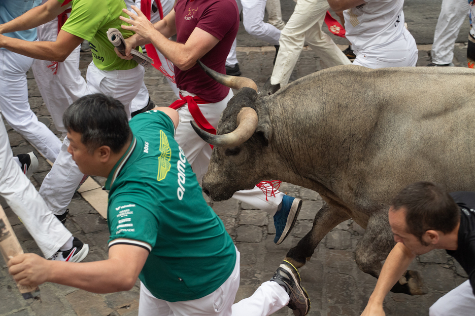 Toro y corredores, finalmente acompasados en la recta final del encierro.