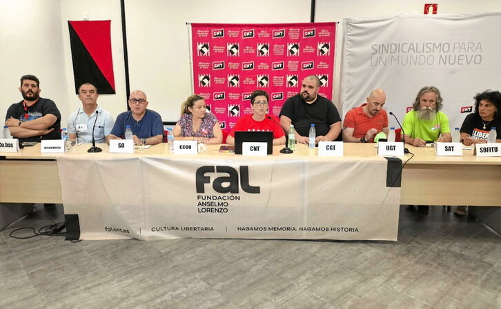 Comparecencia de organizaciones sindicales en solidaridad con «Las Seis de La Suiza», en Madrid.