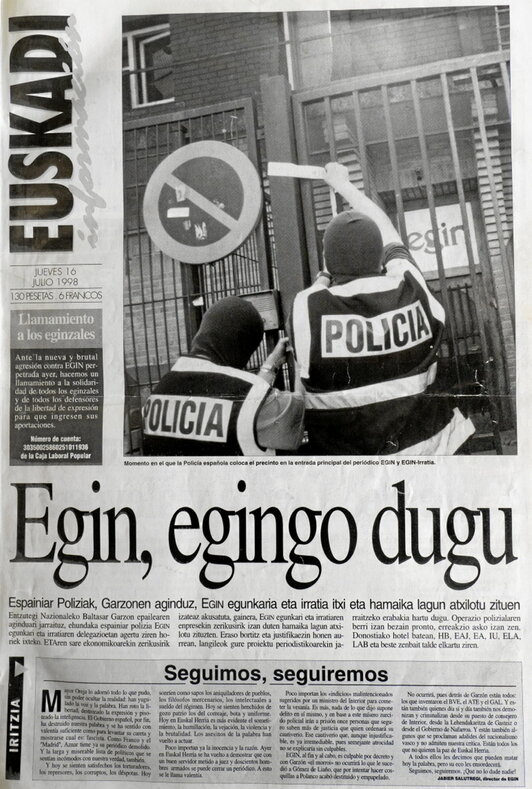Imagen de la primera y artesanal portada de Euskadi Información con un título rotundo: «Egin, egingo dugu»
