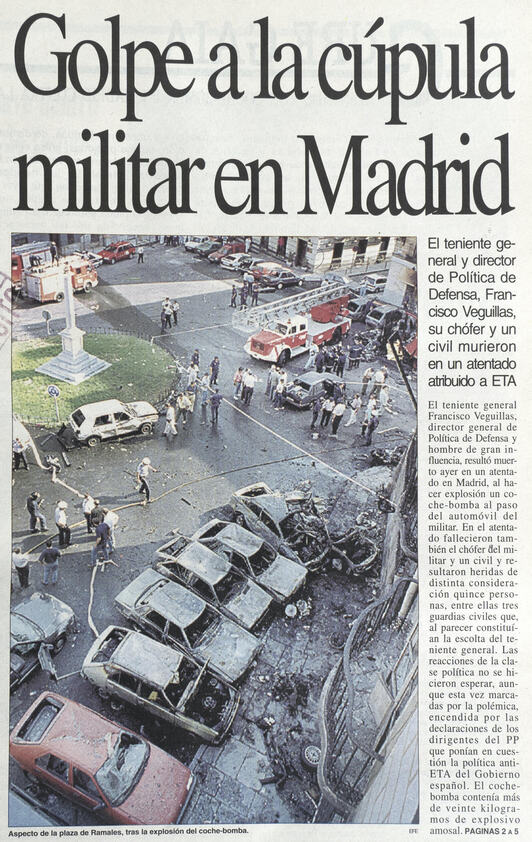 Fragmento de la portada de 'Egin' tras el atentado contra el teniente general Francisco Veguillas en Madrid.