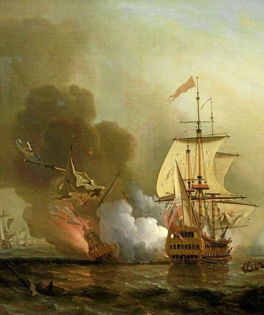 Hundimiento del galeón San José tras ser atacado por buques británicos, en una ilustración de Samuel Scott.NATIONAL MARITIME MUSEUM