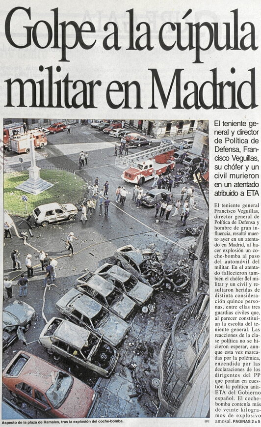 Imagen de la portada de “Egin’ del día posterior al atentado que costó la vida al teniente general Francisco Veguillas.