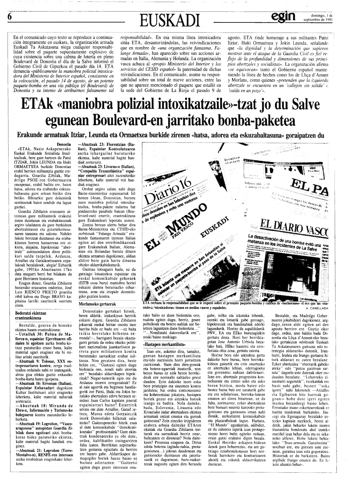 ETA-k «maniobra polizial intoxikatzaile»-tzat jo zuen Donostian agertutako bonba-paketea.