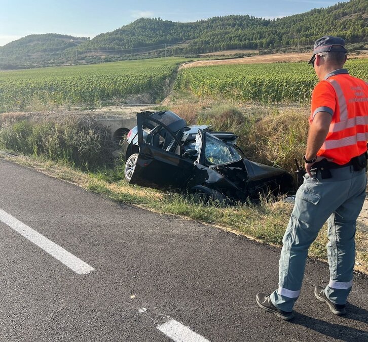 Un agente de la Policía Foral observa el estado en que ha quedado el vehículo accidentado.