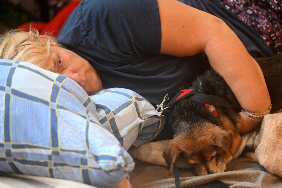 Una residente local evacuada descansa mientras se refugia con su perro en una escuela de Glucholazy.