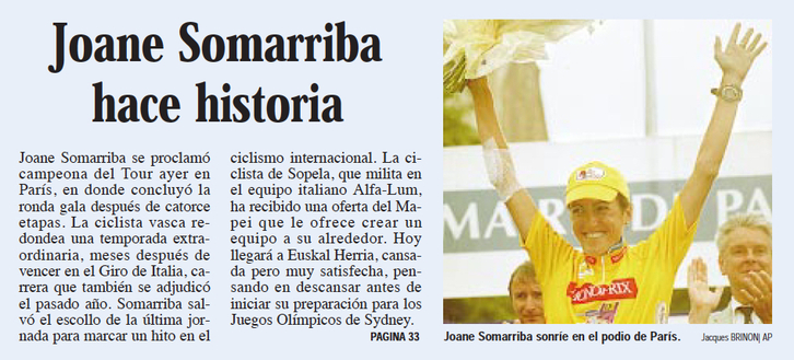 La victoria de Somarriba en el Tour, en la portada de GARA del 21 de agosto de 2000.