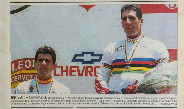 Portada de 'Egin' sobre el oro y plata conseguidos por Miguel Indurain y Abraham Olano en el Mundial de Contrarreloj de 1995.