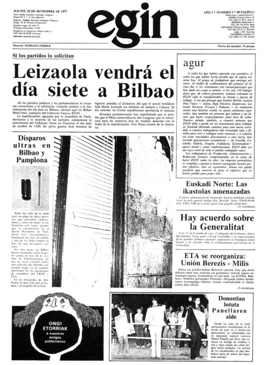 Portada del ejemplar de 'Egin' del 29 de septiembre de 1977.