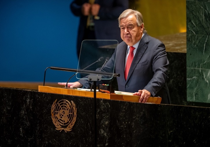 António Guterres interviene en la Asamblea General de la ONU.