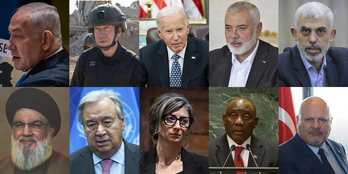 De arriba abajo y de izquierda a derecha, Benjamin Netanyahu, Yoav Gallant, Joe Biden, Ismail Haniyeh, Yahya Sinwar, Hasan Nasrala, António Guterres, Francesca Albanese, Cyril Ramaphosa y Karim Khan.