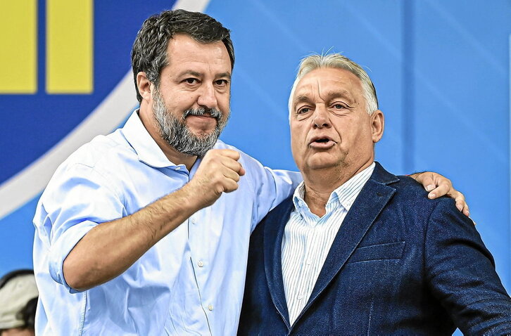 Matteo Salvini y Viktor Orban, en el acto político que celebró la Liga en la localidad italiana de Pontida.