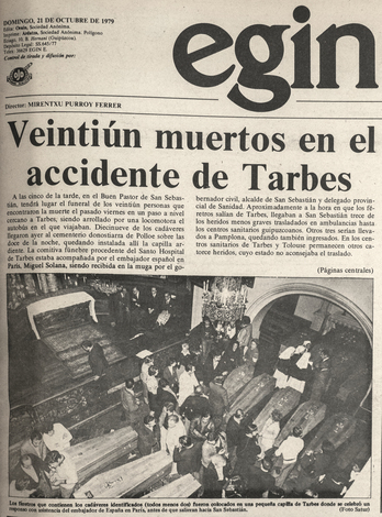 Portada de 'Egin' del 21 de octubre de 1979. Al haber ocurrido el accidente de noche, el diario dio eco de la noticia dos días más tarde.