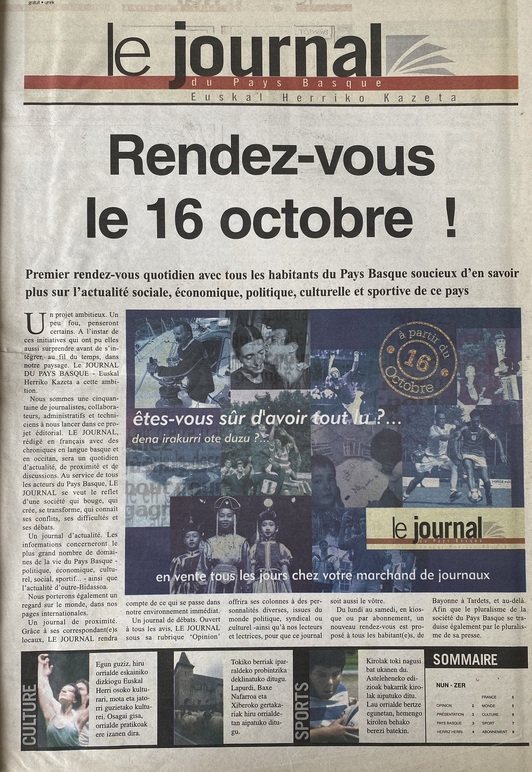 'Le Journal du Pays Basque'-ren lehen alearen azala. 